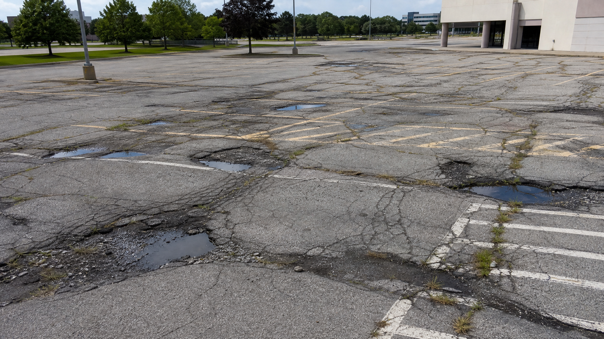 Aerial view of damaged residential asphalt surface before replacement