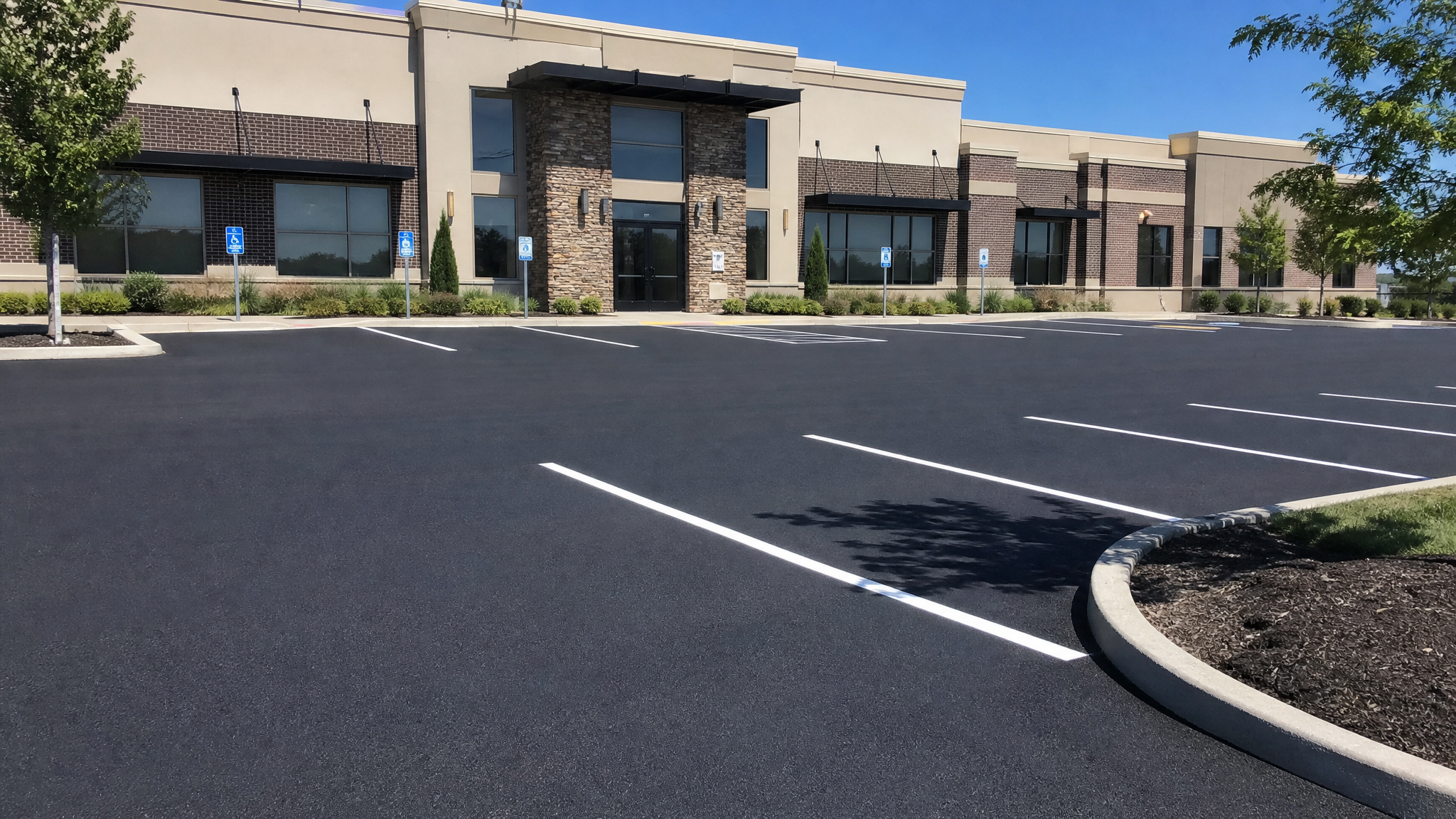 Aerial view of residential asphalt surface after full replacement